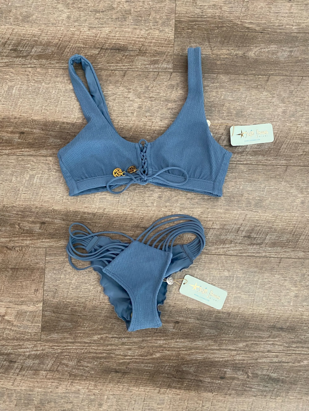 Luli Fama Blue Ribbed Lace-Up Bikini Set